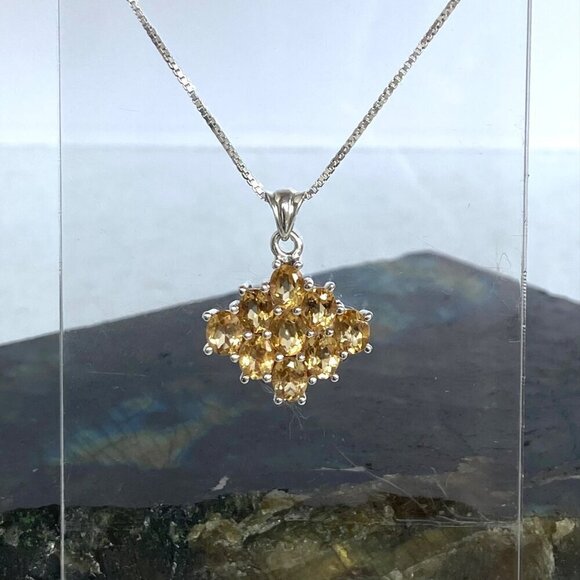 Sterling Silver 925 Prong Set Multi Gemstone Citrine Cluster Pendant Necklace - Picture 5 of 16